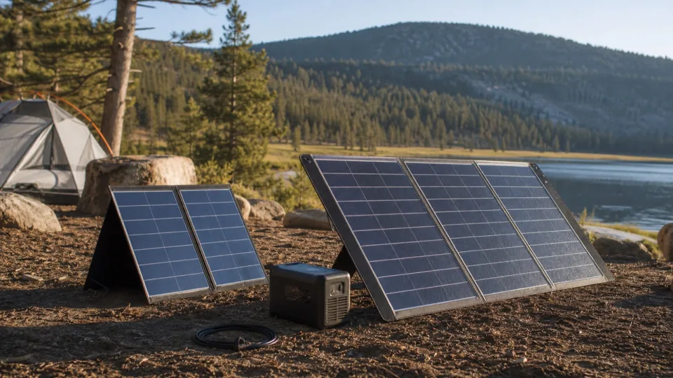 Portable solar panels set up outdoors for charging a power station.