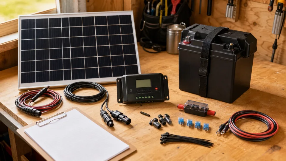 Small solar panel, battery, charge controller, fuses, connectors, and cables on a workshop bench.