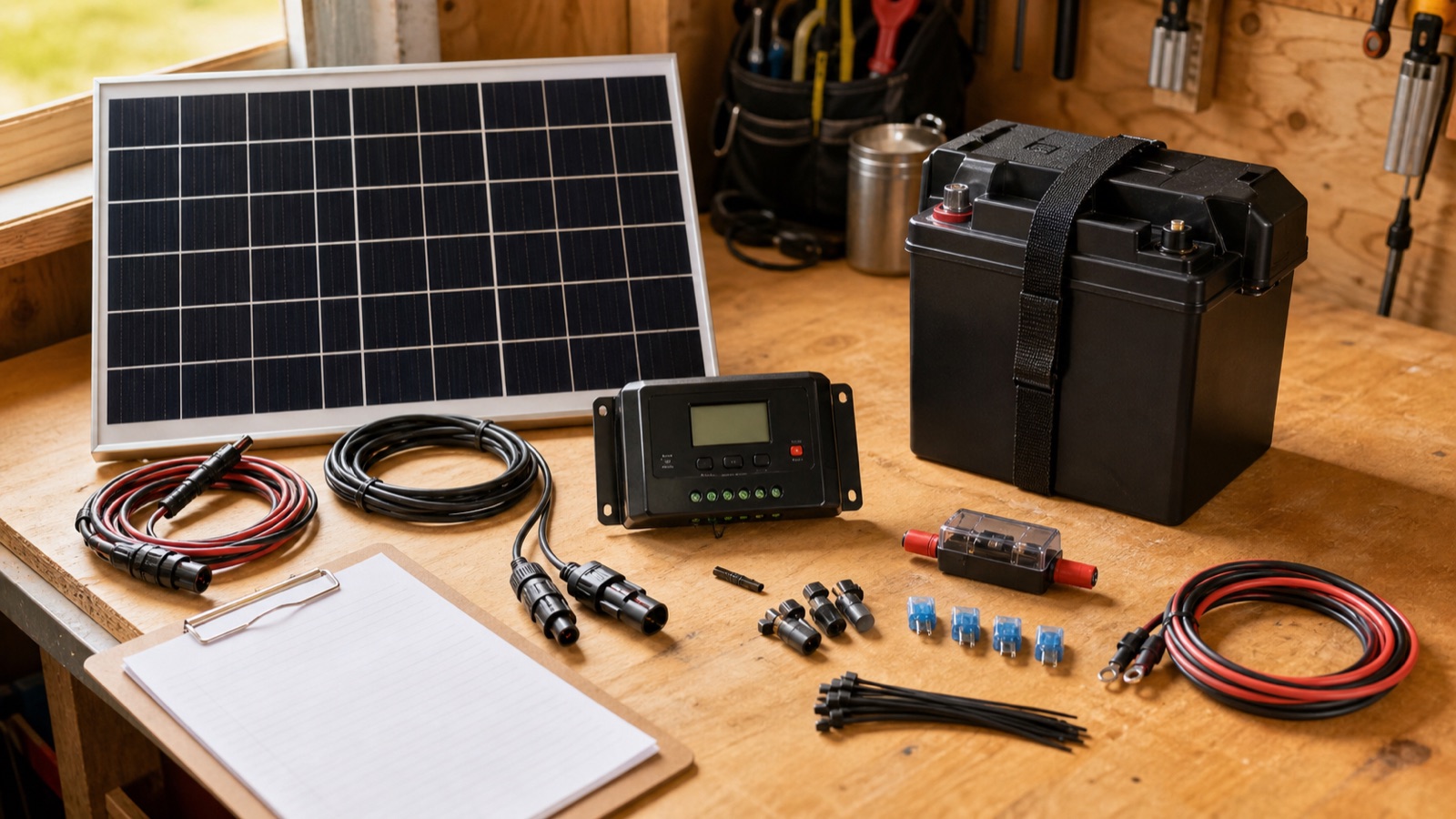 Small 12V solar kit parts laid out on a workbench for checking before assembly.