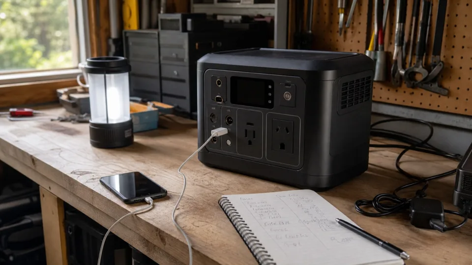 Portable power station, lantern, phone, notebook, and charging cables on a workshop bench.