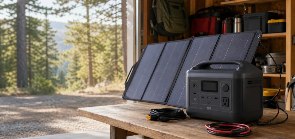 Portable solar panel and power station on a practical work surface
